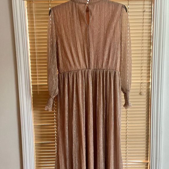 ELOQUII Neutral Gold-Threaded High-Neck Puff-Sleeve Gathered-Waist Dress - Picture 3 of 5